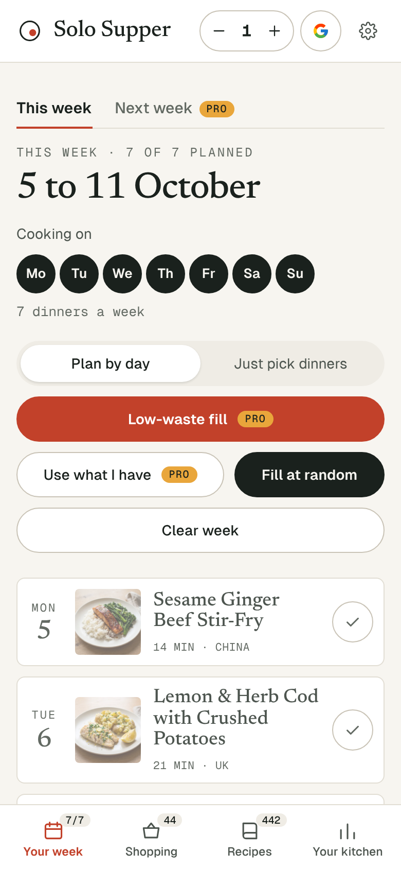The planner showing a week of dinners