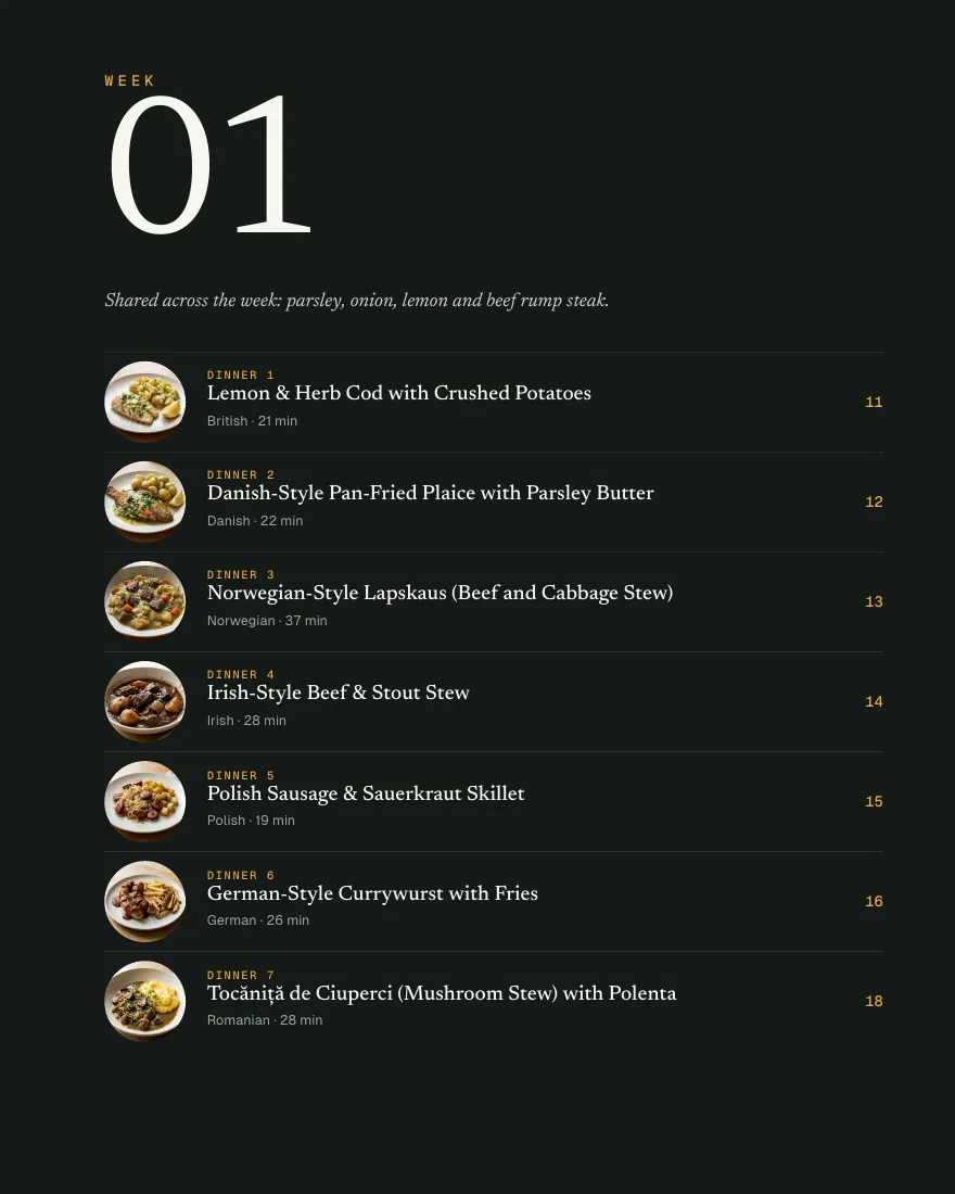 A week of dinners page from Solo Supper: Britain & Europe