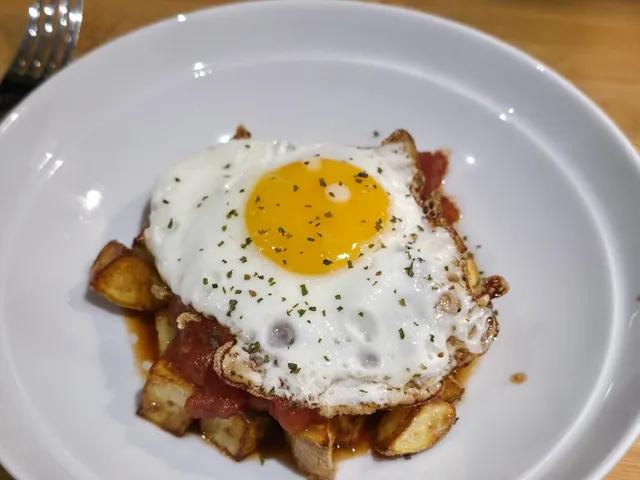Patatas Bravas Bowl with Fried Egg, as cooked at home