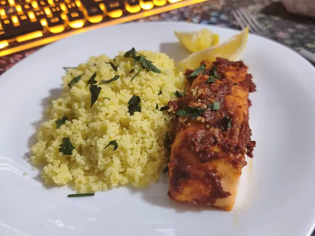 Harissa Salmon with Lemon Couscous, as cooked at home