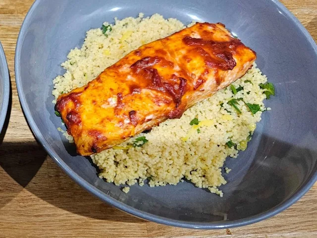Harissa Salmon with Lemon Couscous, as cooked at home