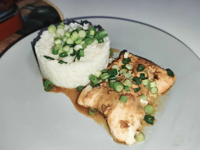 Miso Butter Salmon with Steamed Rice, as cooked at home