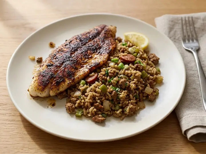 New Orleans-Style Blackened Fish with Dirty Rice