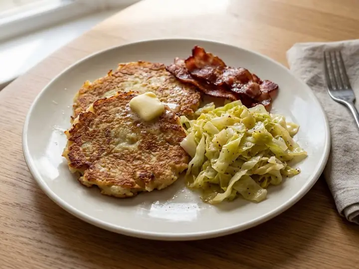 Irish Boxty Potato Pancakes with Bacon and Cabbage