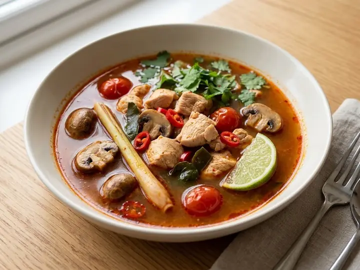 Thai-Style Tom Yum Soup with Chicken and Mushrooms