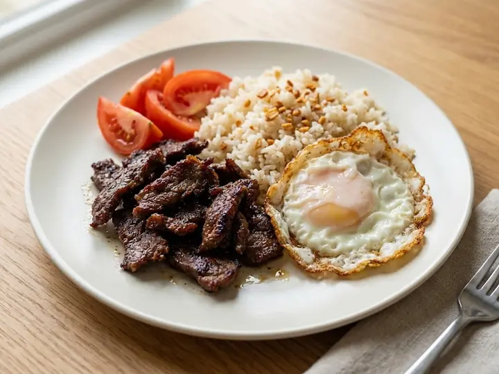 Filipino-Style Beef Tapa with Garlic Rice and Fried Egg (Tapsilog)