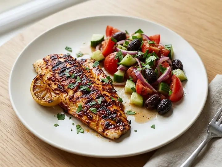 Harissa Grilled Fish with Tomato & Olive Salad