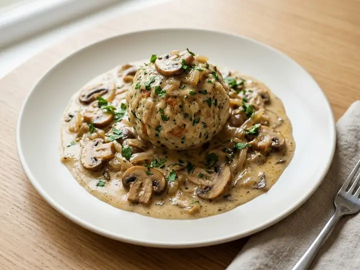 Austrian-Style Mushroom & Herb Dumpling (Semmelknödel) in Mushroom Sauce