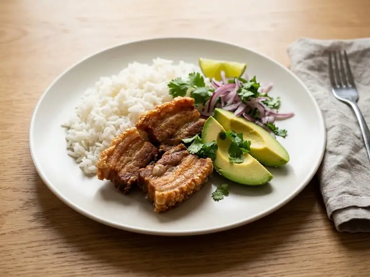 Colombian-Style Crispy Pork with Rice and Avocado (Chicharrón)