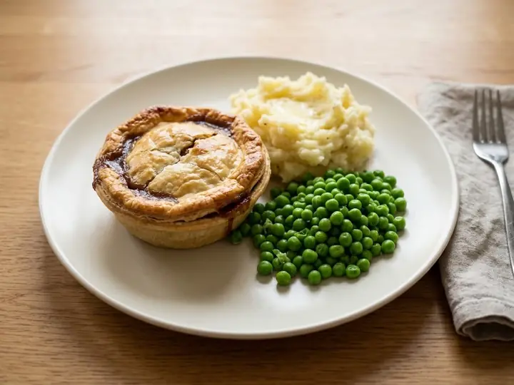 Beef & Gravy Pie with Mash and Peas