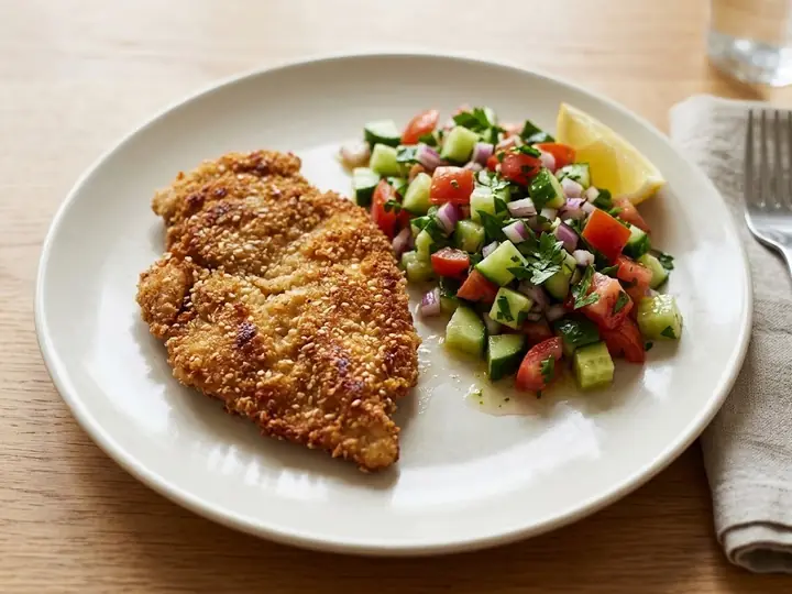 Israeli-Style Chicken Schnitzel with Israeli Salad