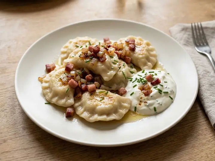 Polish-Style Pierogi Ruskie with Soured Cream and Bacon