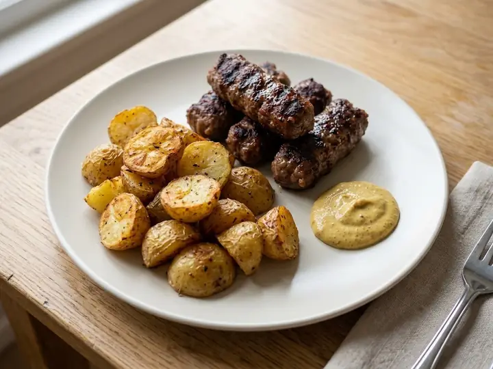 Romanian Mici with Mustard and Crispy Potatoes