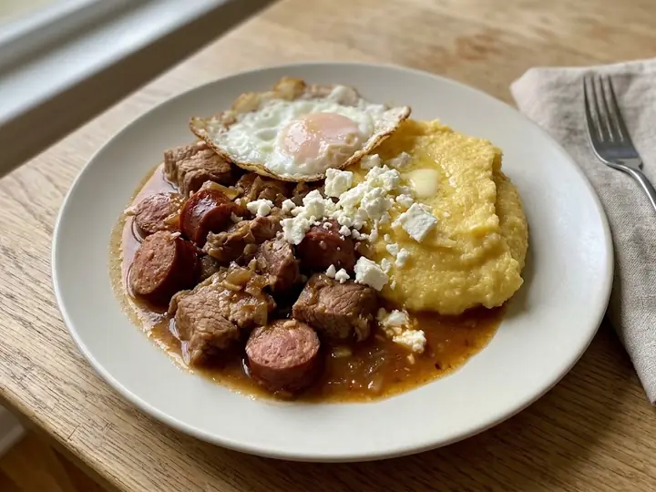 Tochitură with Polenta and a Fried Egg