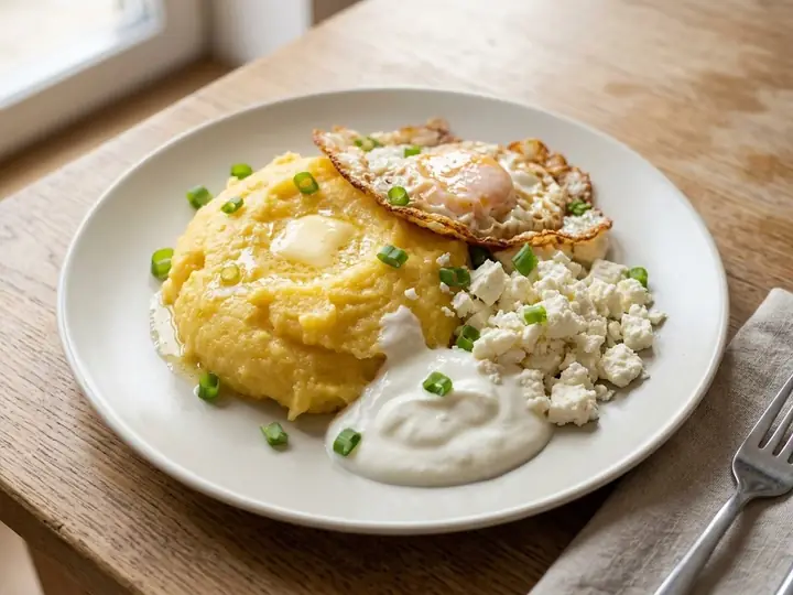 Mămăligă with Cheese, Soured Cream and a Fried Egg