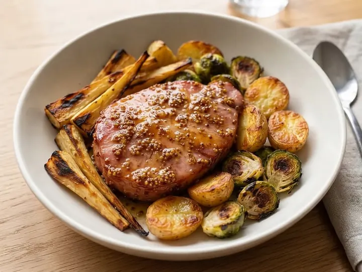 Honey & Mustard Glazed Gammon with Roast Parsnips and Sprouts
