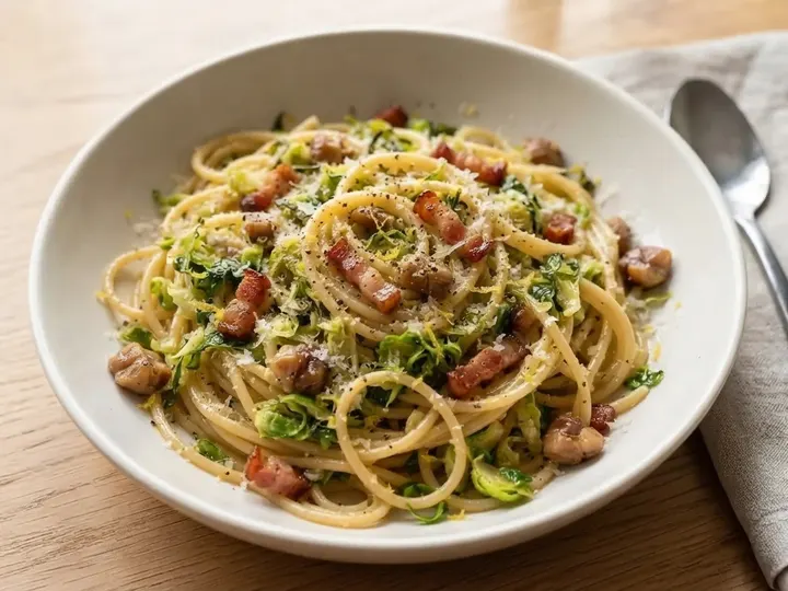 Brussels Sprout, Bacon & Chestnut Spaghetti