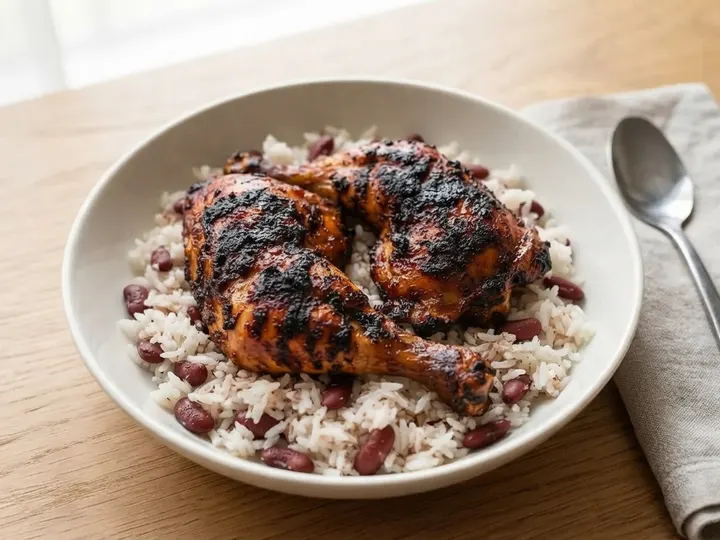 Barbecued Jerk Chicken with Rice and Peas