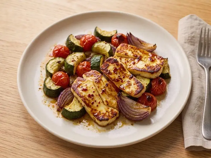 Halloumi & Vegetable Traybake with Chilli Honey