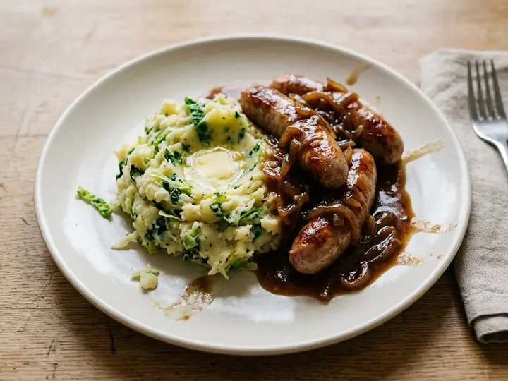 Bangers and Colcannon Mash with Onion Gravy